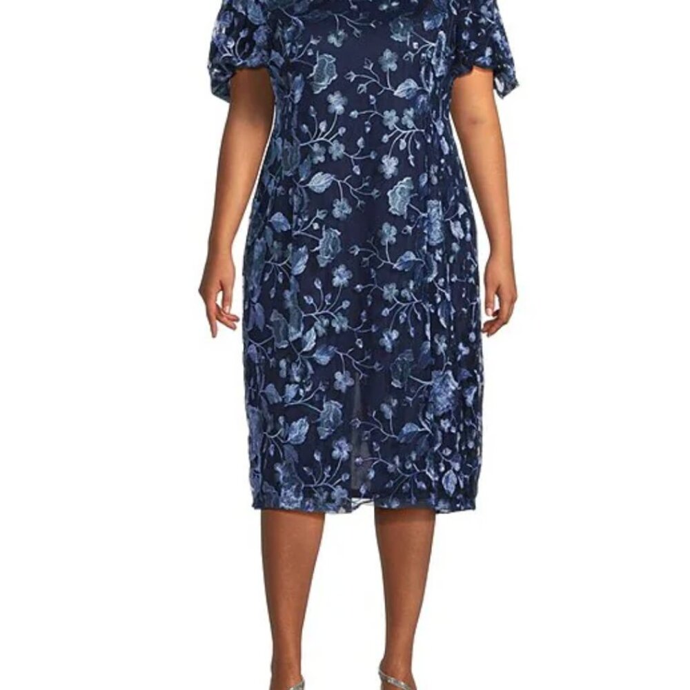 Marina Plus Size Flower Embroidered Square Neck Puff Short Sleeve Midi Dress